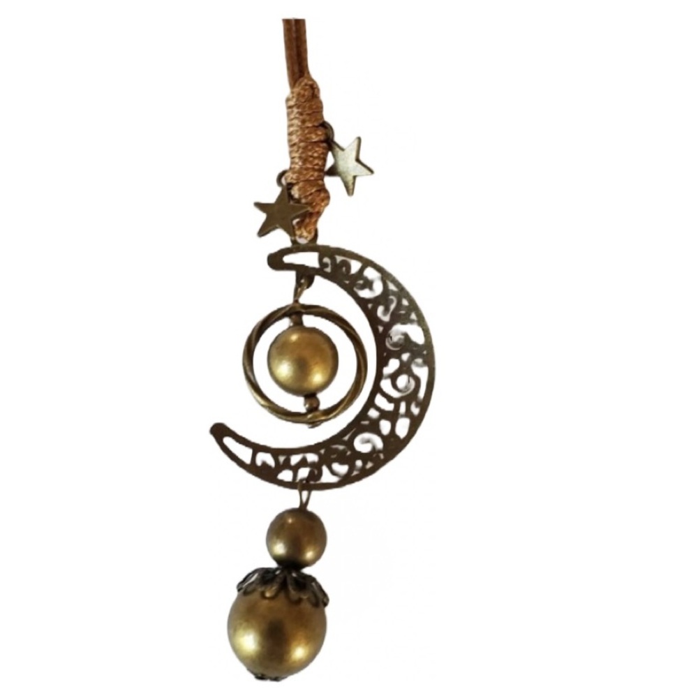 Long dangle celestial moon and star on cord. Lightweight. Bronze color.